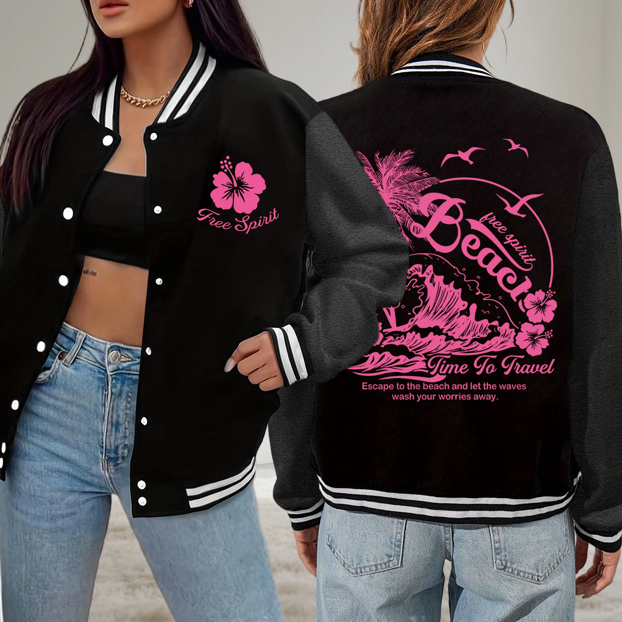 

Free Spirit Beach Time Of Travel Prints Baseball Uniform Women Fashion Loose Jacket Pocket Autumn Top Casual Fleece Clothing