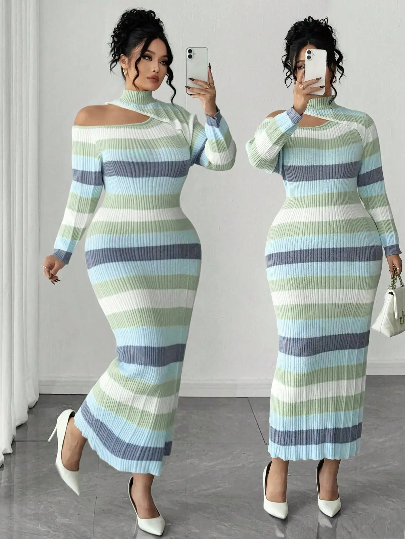 

Женское полосатое платье-свитер макси с открытыми плечами и длинными рукавами, больших размеров, повседневное и для гостей на свадьбу