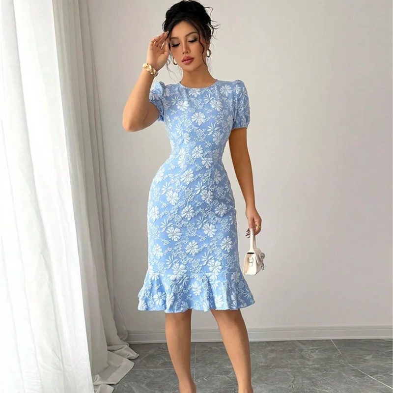 2025 moda verão manga curta vestido jacquard feminino o pescoço magro sexy bainha vestidos casuais senhora streetwear vestidos de babados