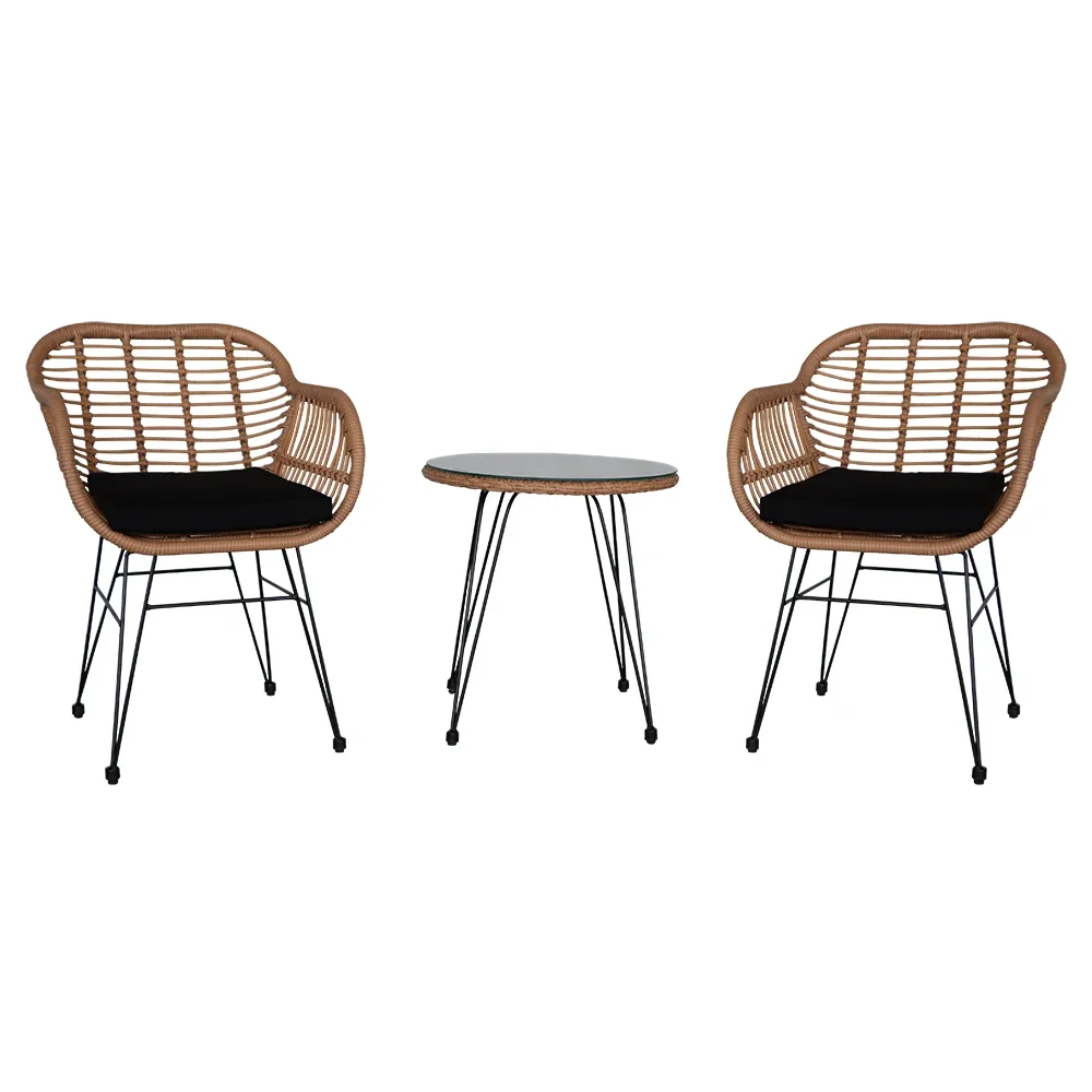 

3 pcs Wicker Rattan Patio Conversation Set with Tempered Glass Table Flaxen Yellow