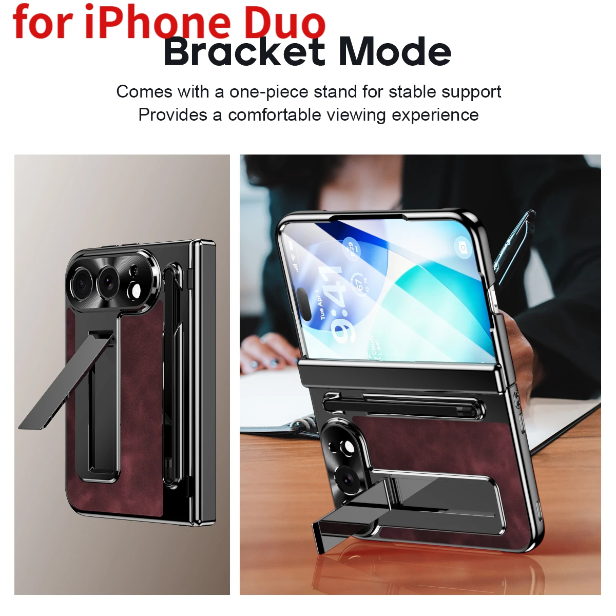 Electroplated Bracket Pencil Slot Leather Case‌ for iPhone Duo Shockproof Hinge Protection‌ Film-Integrated Cover
