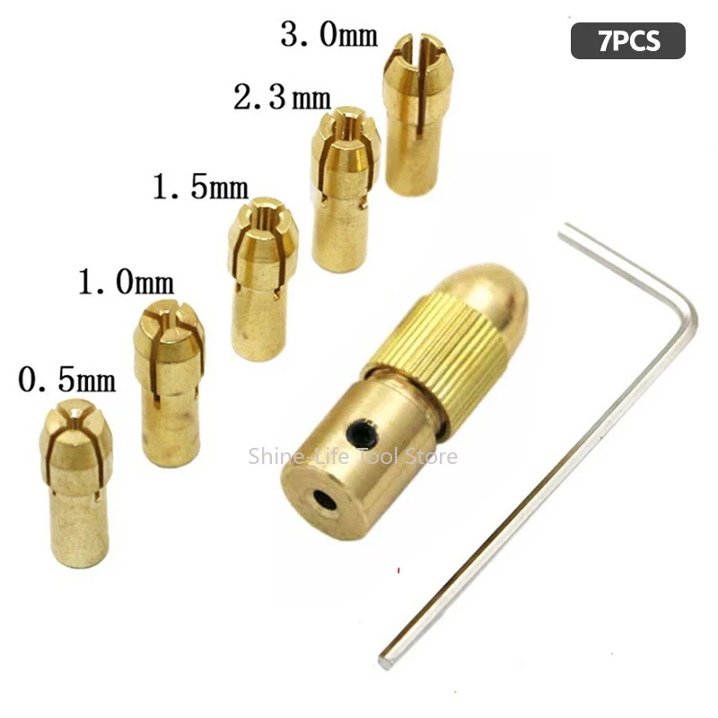 7Pcs/set 0.5-3mm（Inner 2mm-5.05mm）Mini Twist Drill Brass Collet Set Small Electric Drill Bit Collet Micro Twist Chuck Tool