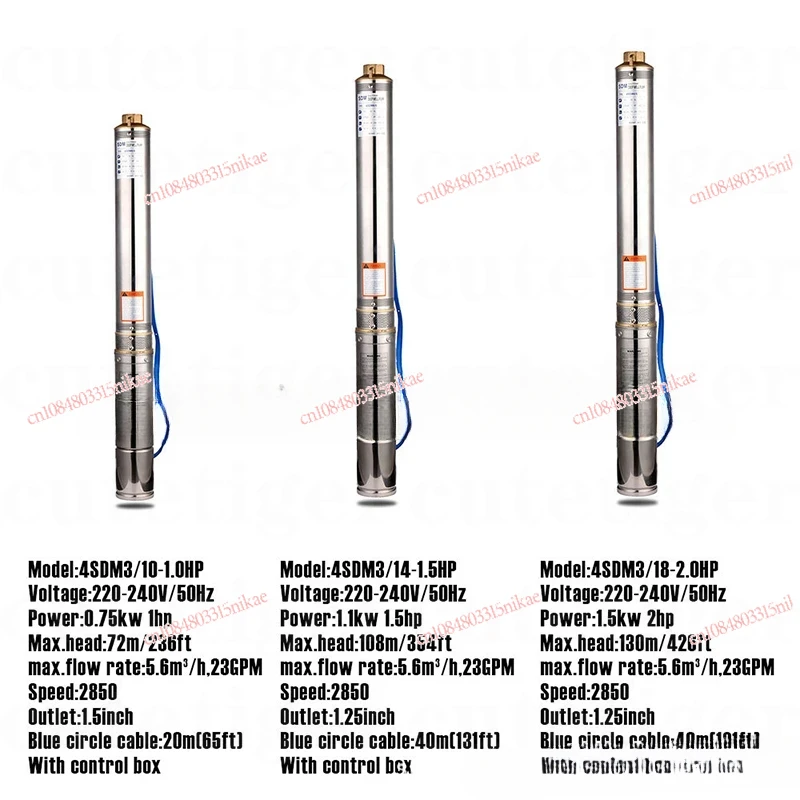 20M Cable + Contrl Box for Garden Home Agricultural Irrigation, 4 Inch 0.75KW Deep Well Pump 1HP 6500L/H Submersible Pump