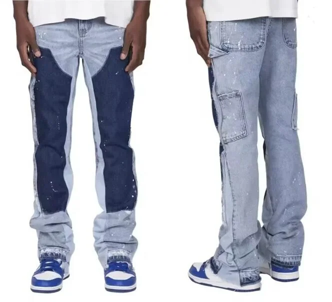 

Мужские модные джинсы, брюки со средней талией, европейская и американская модная рабочая одежда, эластичные лоскутные джинсовые многослойные расклешенные брюки