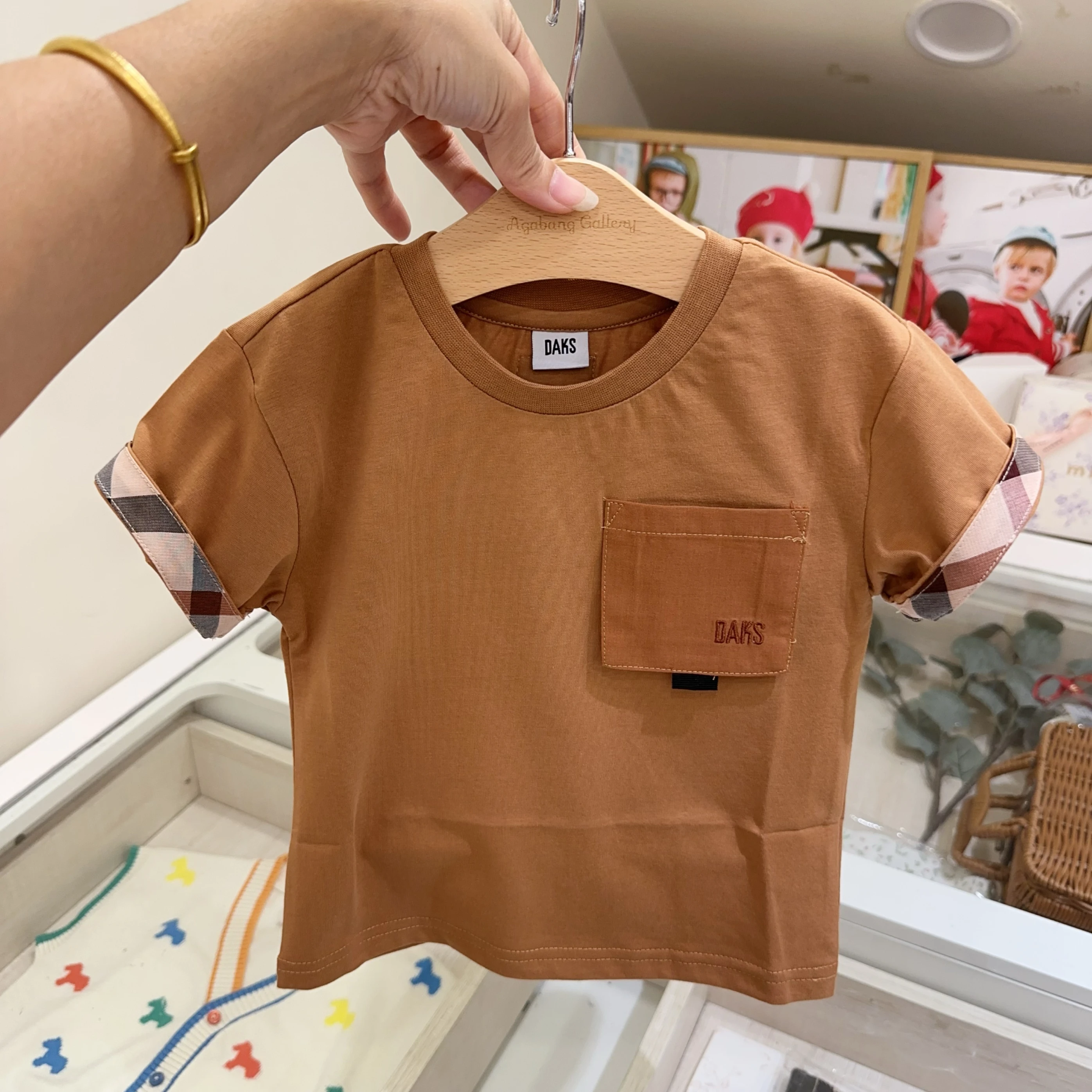 夏-25-チェック柄スプライシング半袖-tシャツ子供服ユニセックスキッズファッショントップス綿韓国スタイルラウンドネック
