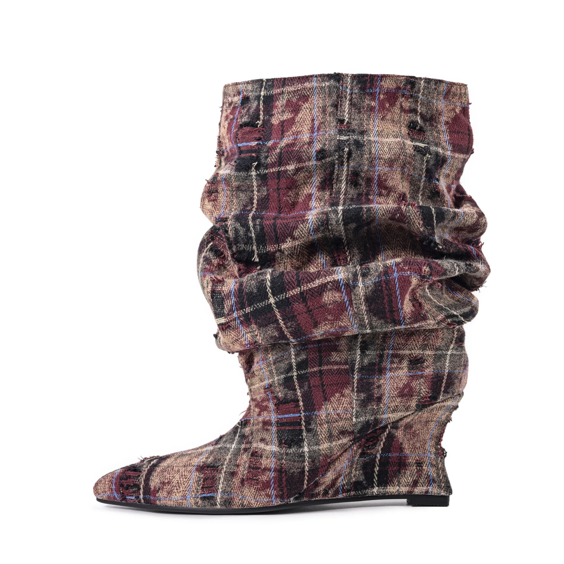 

Женские винтажные сапоги-полусапоги на танкетке из потертой ткани в клетку, с острым носком, для повседневной носки, уличного стиля, фестивалей, моды и кэжуала