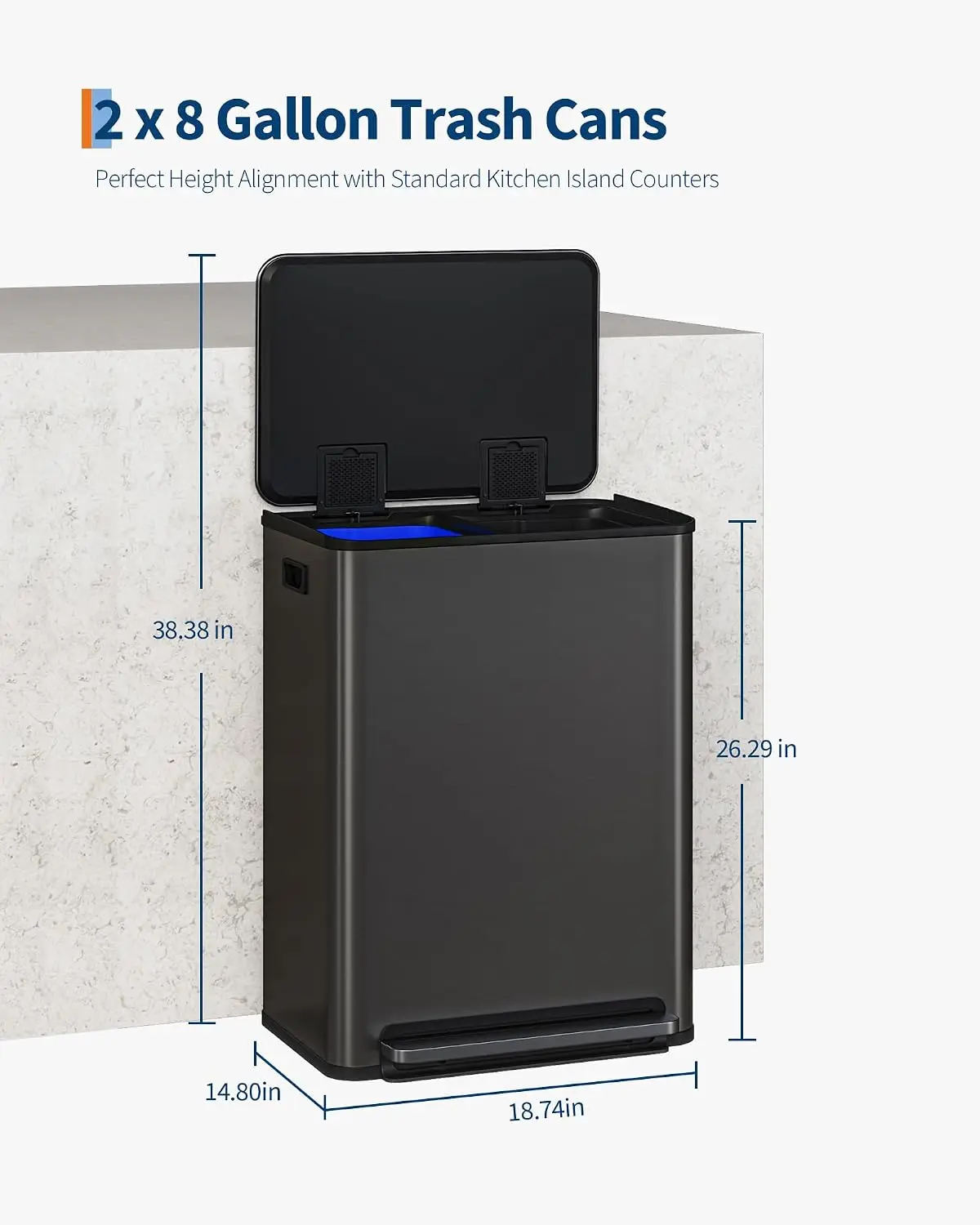 Garvee 2x8 Gal Dual Kitchen Trash Can Step Pedal Stainless Steel 2 Removable Inner Buckets 60 L Fingerprint-Proof Soft-Close Lid Double Compartment Garbage Can Recycling Bin Modern Kitchens
