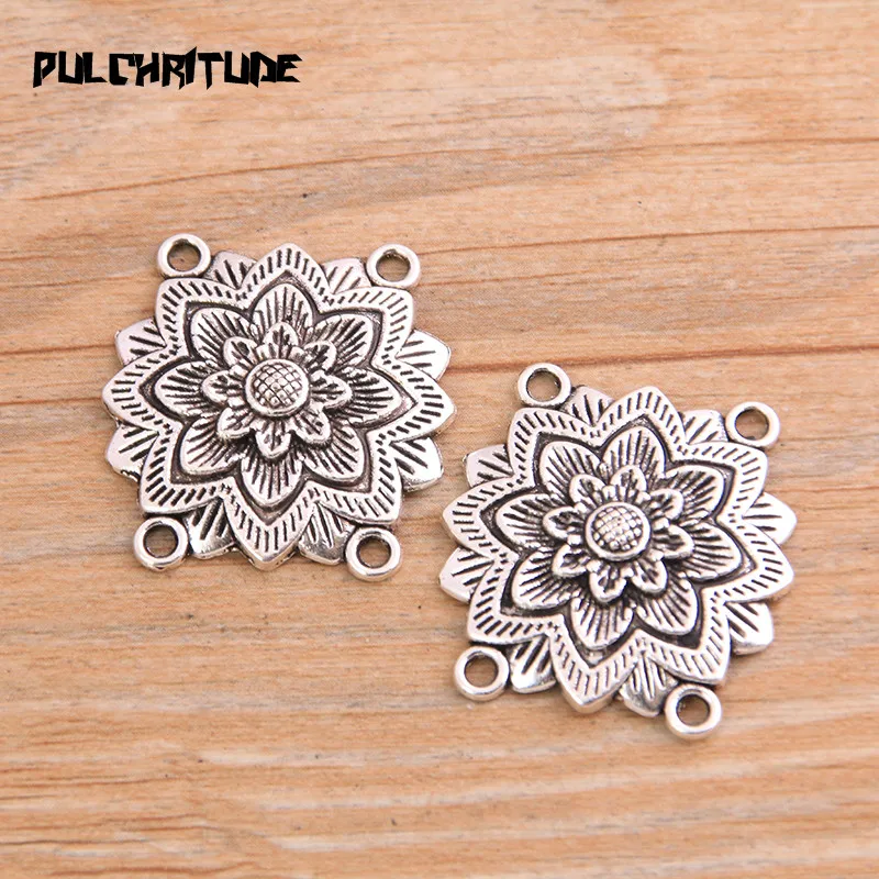 PULCHRITUDE 8pcs 27*28mm Retro Two Color Zinc Alloy Flower Pendants Connectors Linker For DIY Charm Jewelry Accessorie