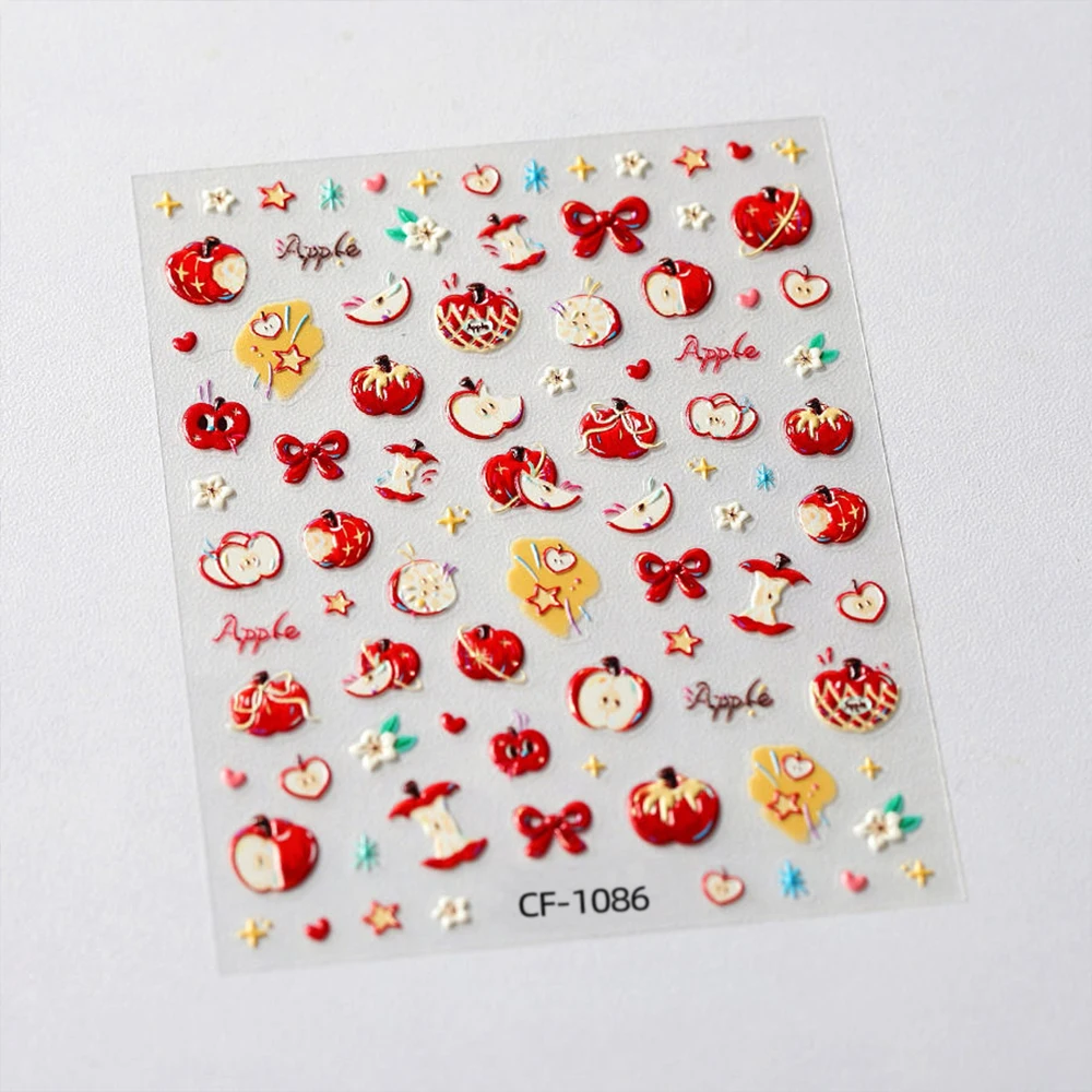 Pegatinas navideñas 5D con lazo de manzana roja para decoración de uñas, pegatinas adhesivas de flores y estrellas de manzana, deslizador de uñas de fruta Holiay