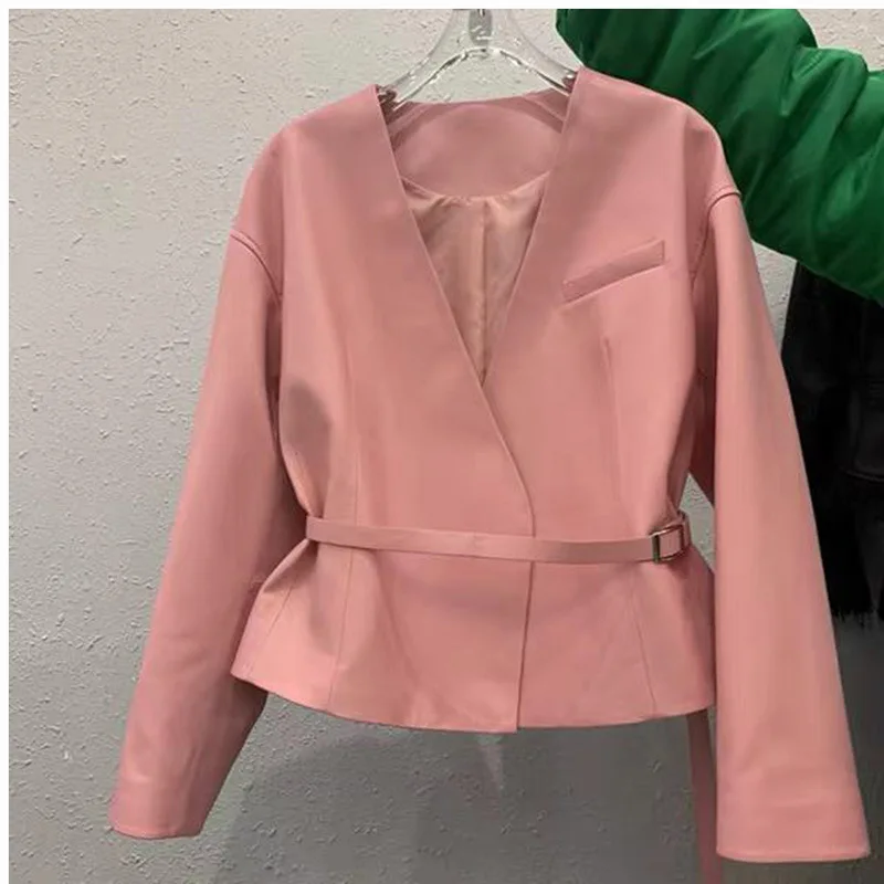 Giacca in pelle da donna primavera autunno di alta qualità corta moda con scollo a v cintura chiusura in vita sottile pelle di pecora nuovi capispalla blazer