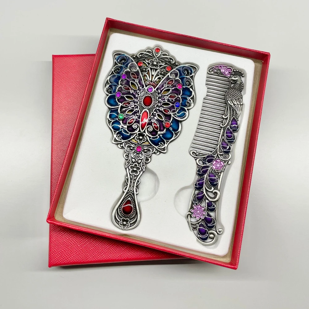 

Creative Retro Peacock Small Mirror Portable Metal Handle Mirror with Comb Set Festival Gift Makeup Mirror