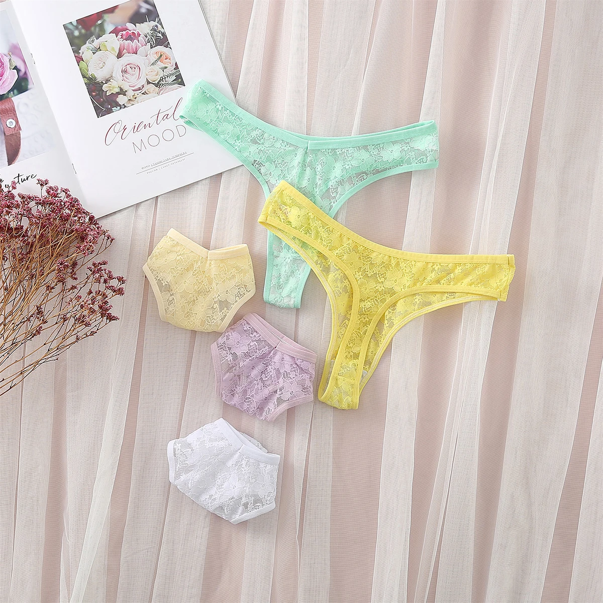 5Pcs Women Floral Lace Panties Sexy Underwear Seamless Thong Solid Color Underpants Soft G-string Breathable Intimates Lingerie