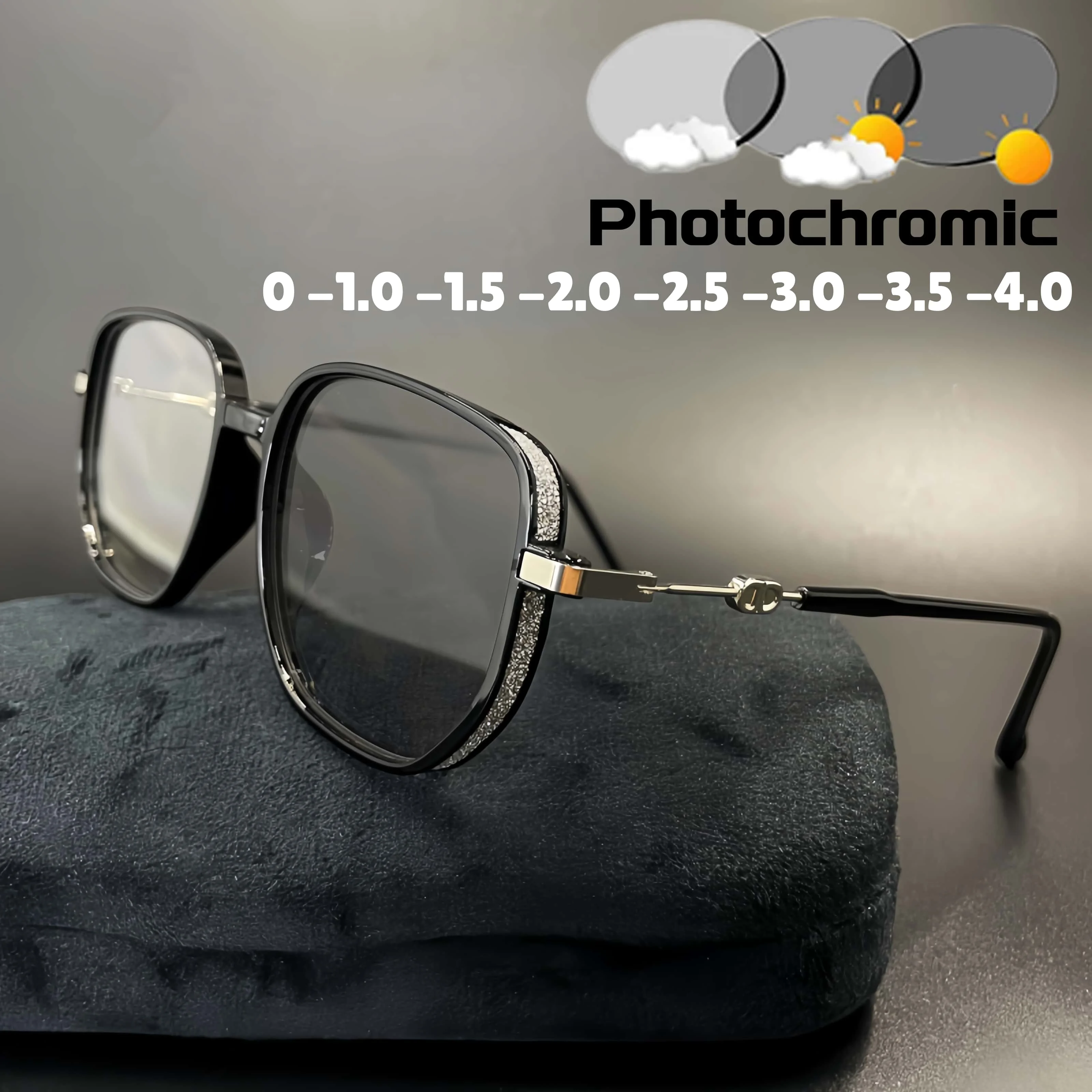 

D Letter Legs Photochromic Near sight Glasses for Women Oversized Sparkling Frame Eyewear Outdoor UV Protection Sunglasses -4.0