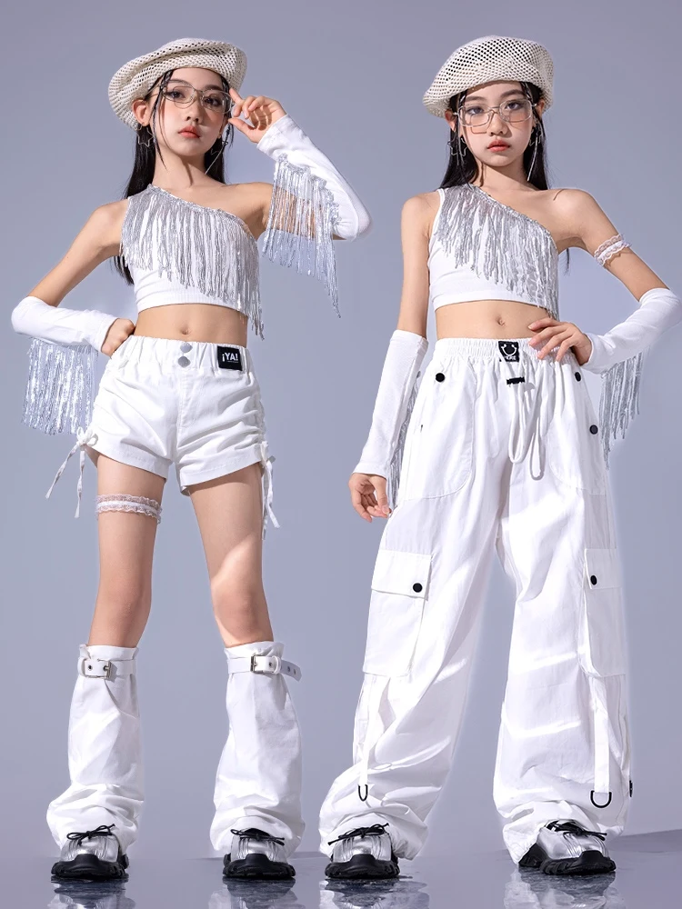 

2024 Children White Tassel Tops Cargo Pants Outfits For Girls Modern Jazz Dance Costumes Kids Hip Hop Performance Wear DQS16928