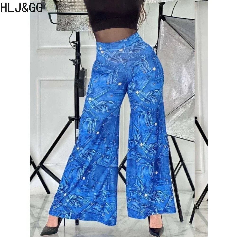 

HLJ&GG Blue Elegant Lady Printing Loose Wide Leg Pants Women High Waisted Straight Trousers Fashion Female Office Bottom Clothes