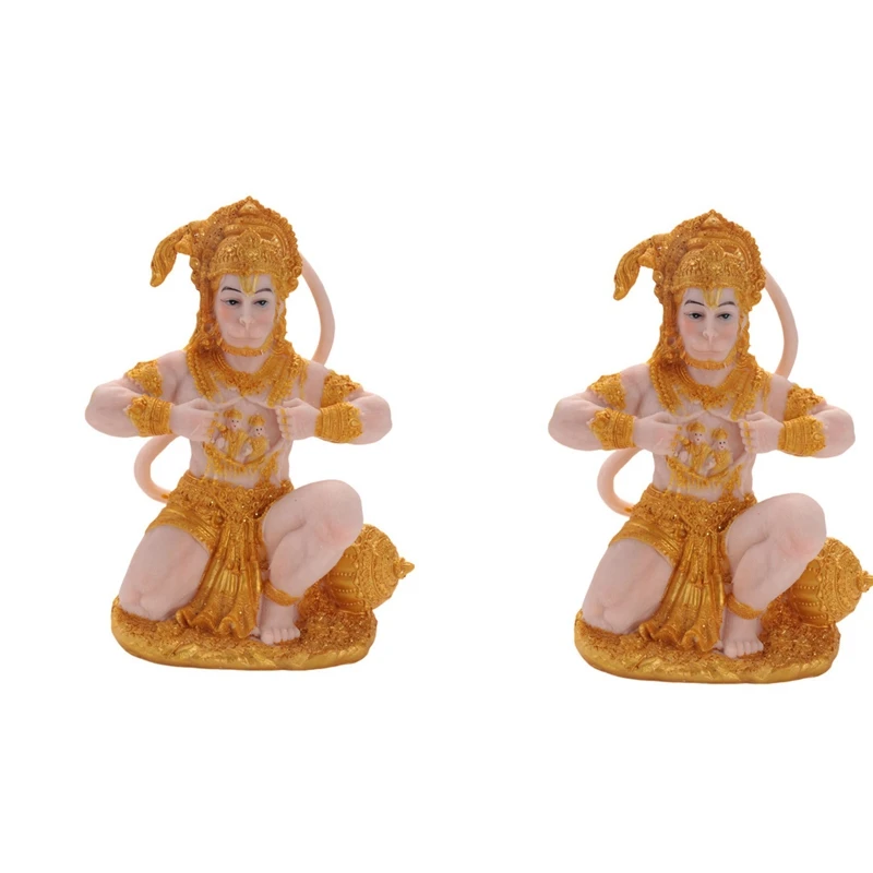 2X Gold Hanuman Statue Indian Lord Sculpture India Figurine Collection Idol Murti Pooja Sculpture For Decor Ornament