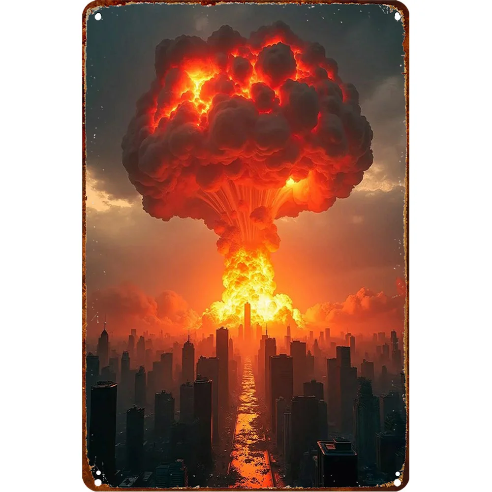1 قطعة ديكور جدارية معدنية "Explosion Nucléaire au-dessus de la Ville" عتيق + Style Industriel + Steampunk pour Cave d'Homm