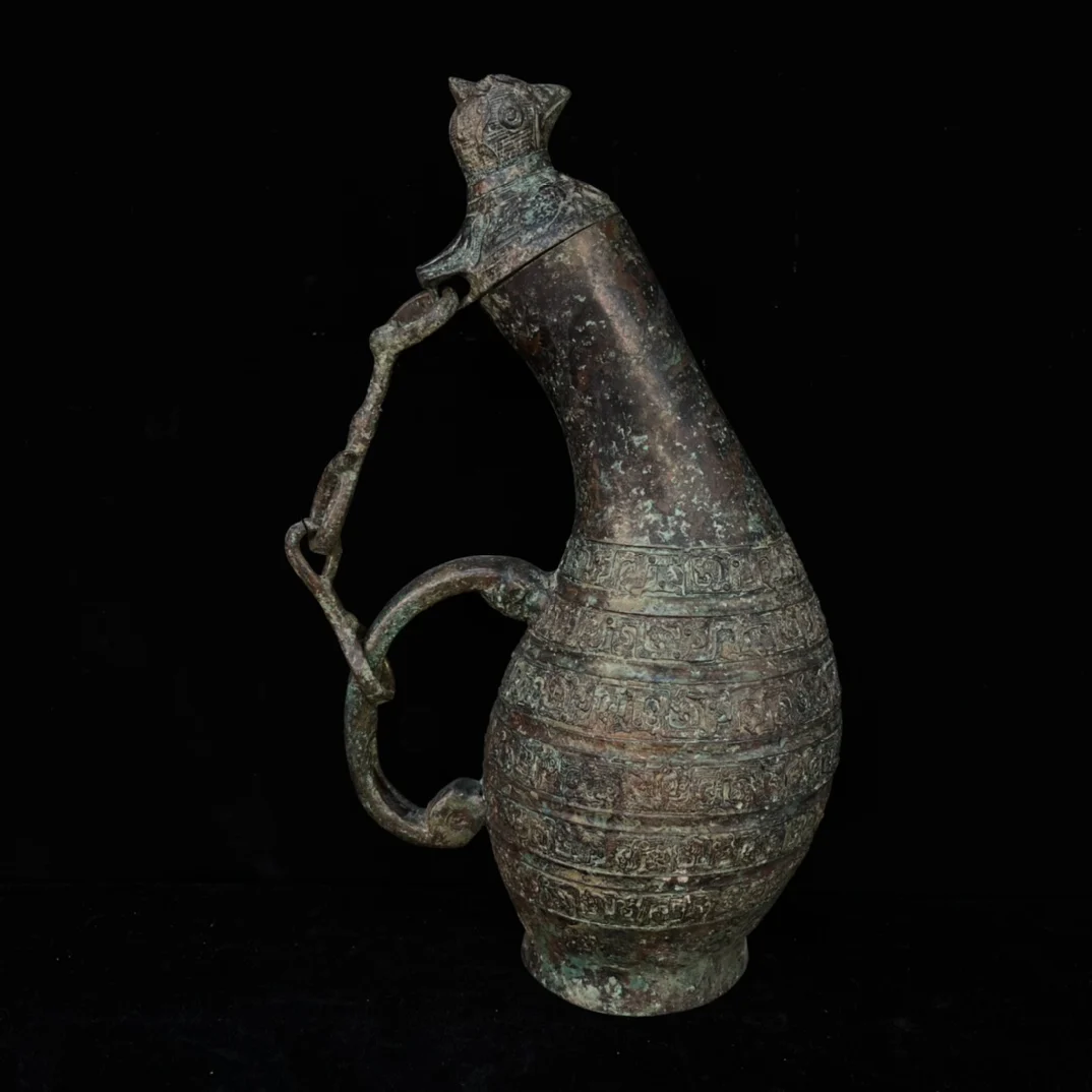 Very rare han Dynasty bronze Coppery red spot with verdigris outer neck chain bird bottle,Beautiful ornamentation,free shipping