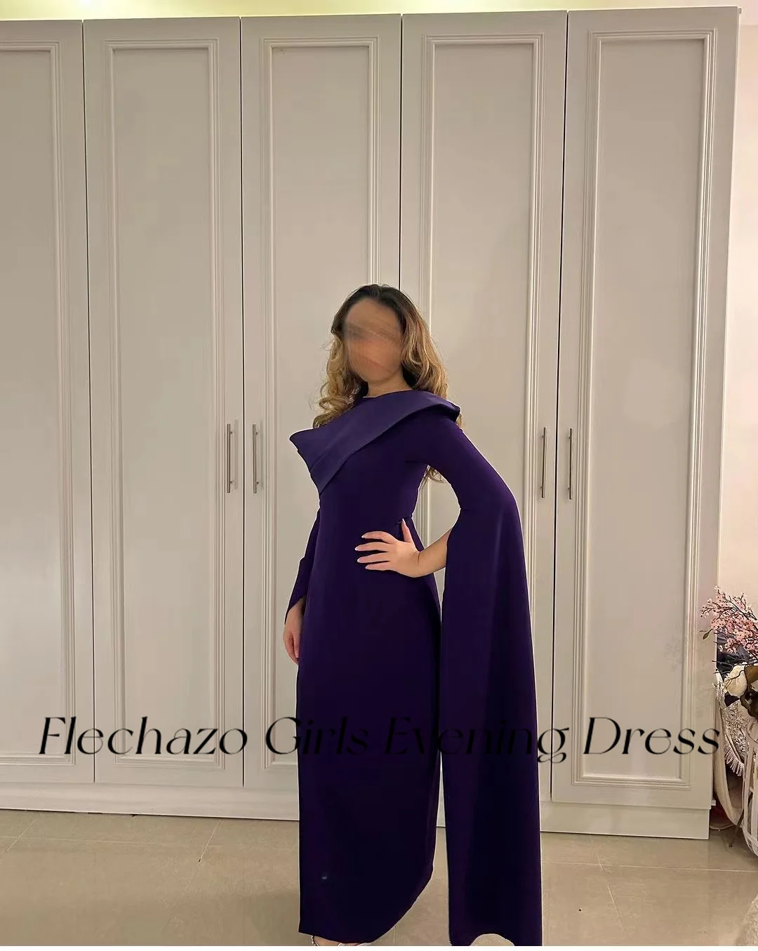 Flechazo Purple Saudi Evening Dresses O Neck Side Slit Pleated Long Sleeves Celebrity Party Dress For Women 2024 فساتين السهرة