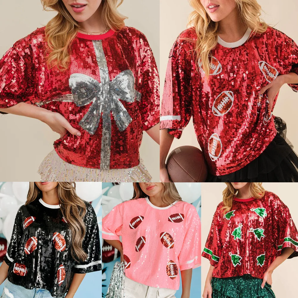 

2024 Summer Christmas Ball Game Sequin T-shirt Women's O Neck Half Sleeve Loose Top Rugby Bow Bling Bling Oversized Summer Tees