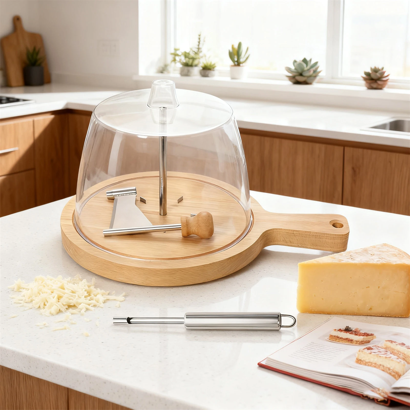 

Stainless Steel Rotary Cheese Grater With Wooden Handle For Shredding Cheese Chocolate Multi-Functional Kitchen Tool