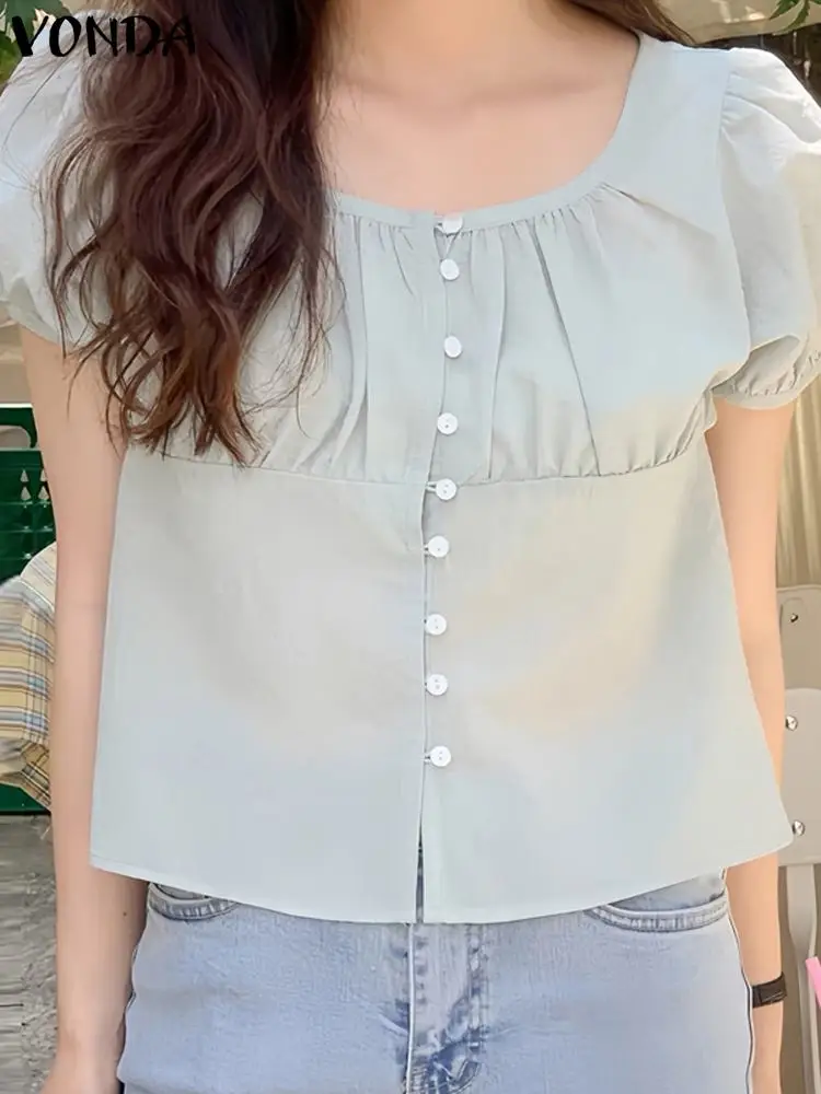 VONDA Women Elegant Shirts 2024 Summer Casual Short Sleeve Blouses Buttons Solid Color Pleated Tunic Tops Loose Blusas Femininas