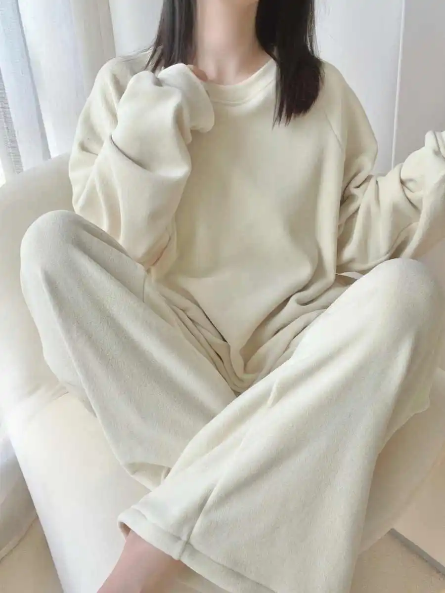 Conjunto de ropa de ocio para mujer, sudadera de manga larga con cuello redondo, Tops y pantalones cálidos, 2 piezas, Color albaricoque, Otoño e Invierno