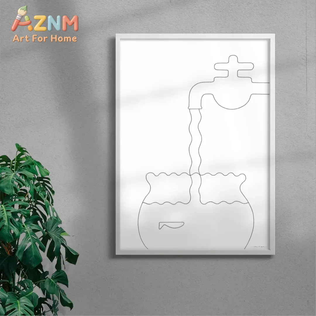 

Minimalist Line Art Tap & Fishbowl Framed Wall Art - Surreal Bathroom & Kitchen Decor Print