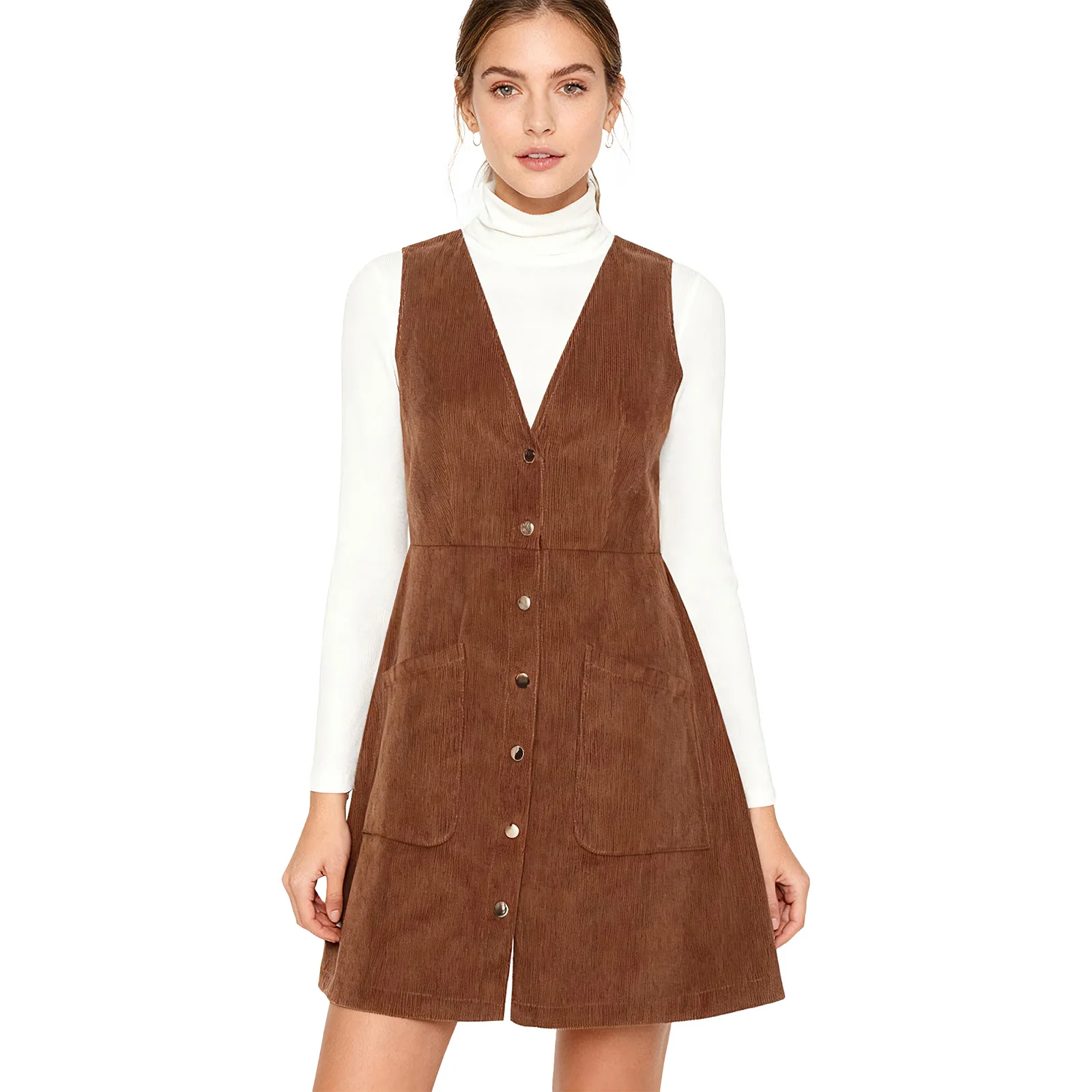 

Fashion Womens Corduroy Casual Dress V Neck Pressing Button Front with Patch Pockets Mini Dress for Daily Office Shopping Dating