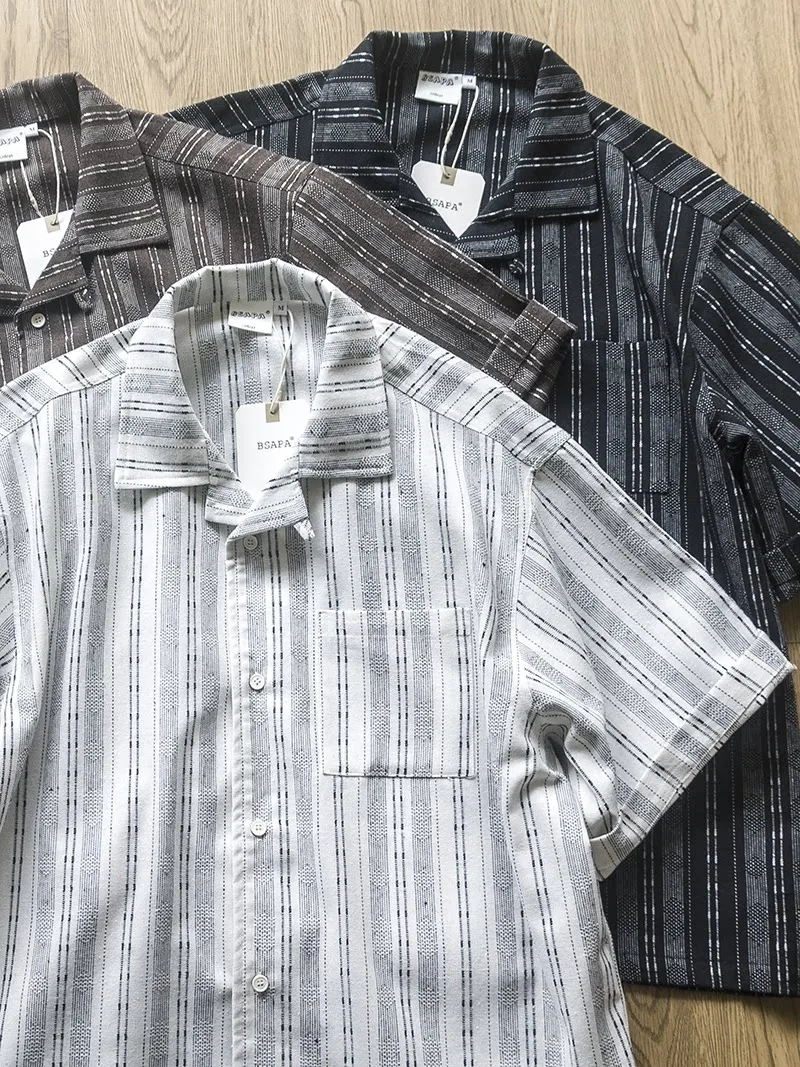 

Ethnic Cuban Collar Hawaiian Striped Cotton and Linen Short Sleeve Shirt