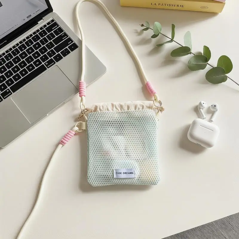 [F] Trendy Grid Mesh Phone Bag Crossbody Drawstring Pouch Breathable And Durable Small Sling Bag For Daily Commute And Travel view 3