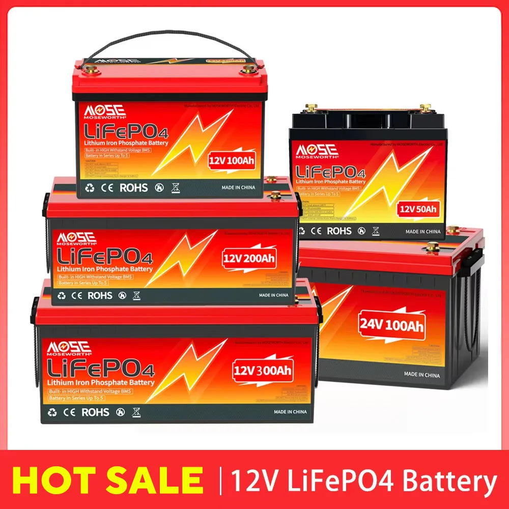 12V 24V 50Ah 60Ah 100Ah 200Ah 300Ah LiFePO4 Battery with BMS Lithium Iron Phosphate Battery Rechargeable for RV EV Solar Golf