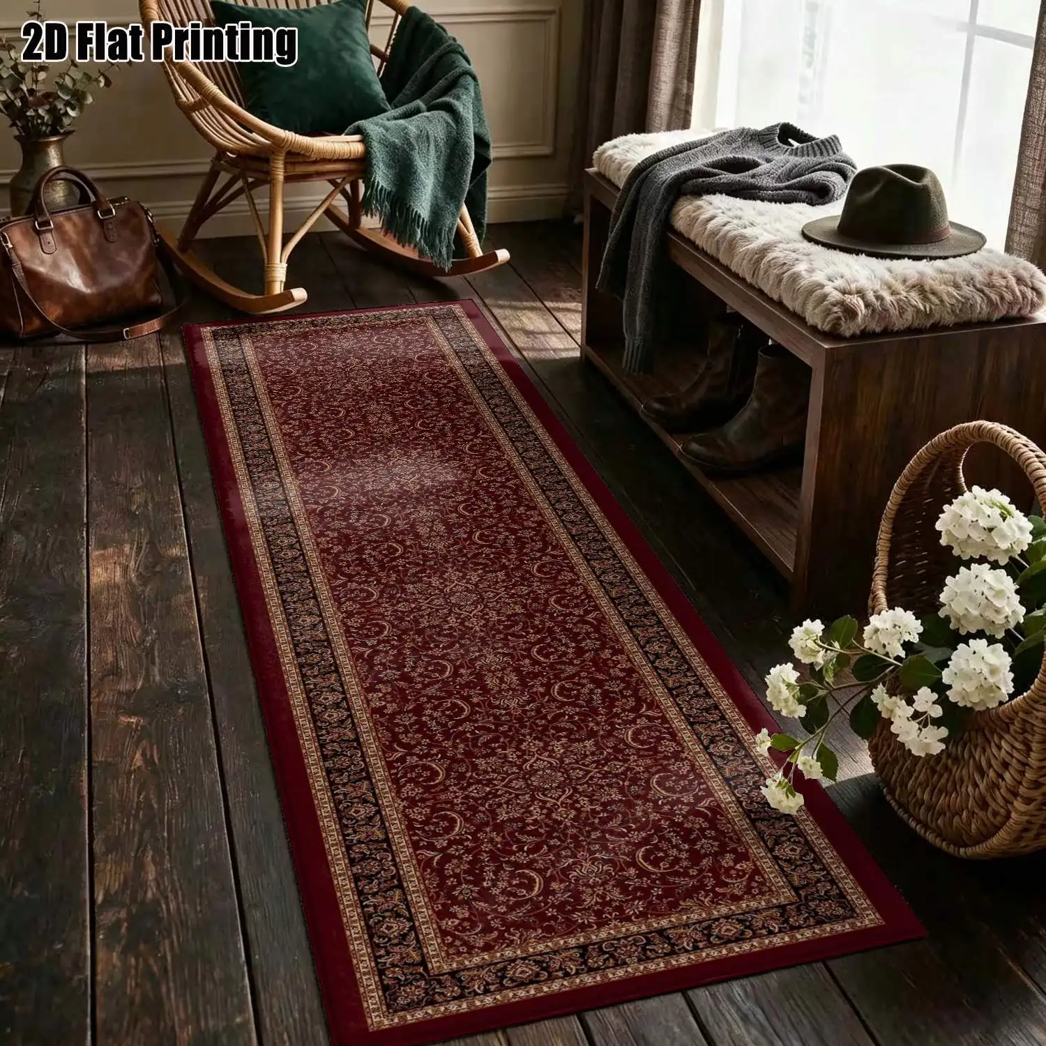 1Pc 2D Printed Long Strip Rug Burgundy Floral, European-Style, Retro, Geometric Striped, Bohemian Styles. Home Decor, Multi-Size, Machine Washable. For Entrance, Hallway, Living Room, Bedroom.