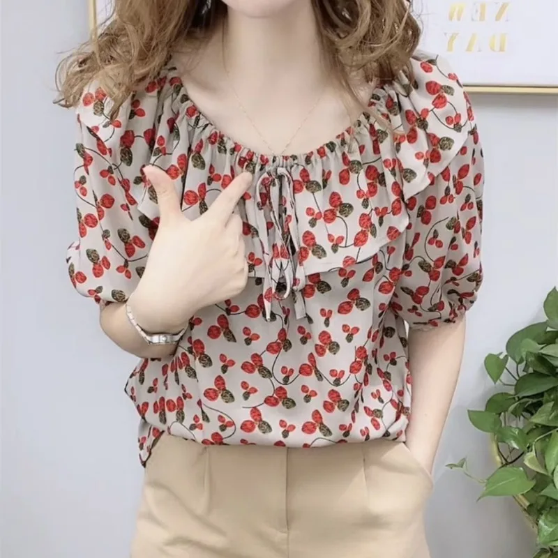 Summer Women\'s Commuter Pleated Chiffon Shirt Bow Tie Short Sleeve Fashion Casual Printing Blouse Pullover Tee Shirt Tops