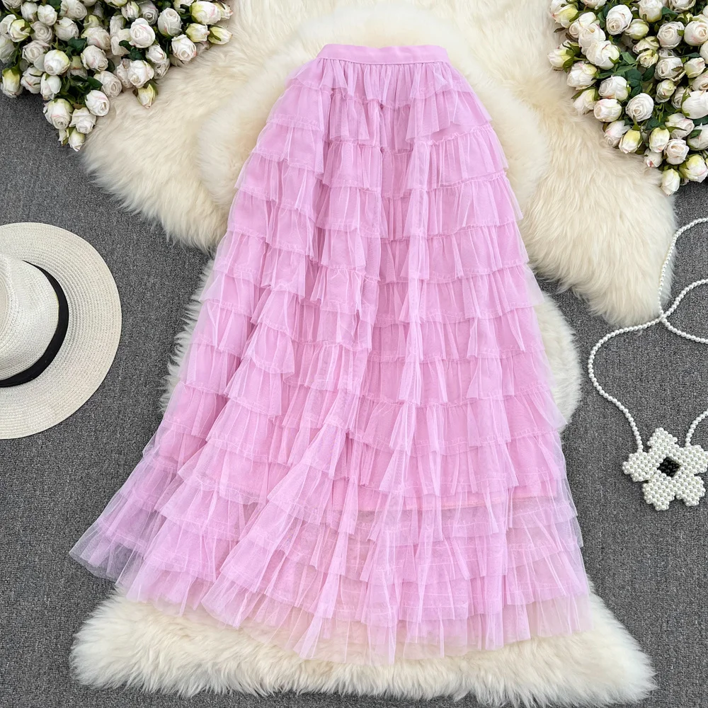 

Elastic Waist Sweet Ruffle Skirt Girls Fashion High Waist Mid Length Knee Skirt Women Casual Home A-line Mesh Skirt Summer