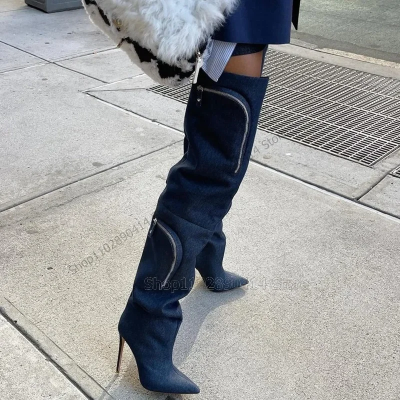 

Navy Blue Denim Pockets Decor Pointed Toe Boots Back Zipper Women Shoes Sexy Novel Fashion Party Runway 2023 Zapatos Para Mujere