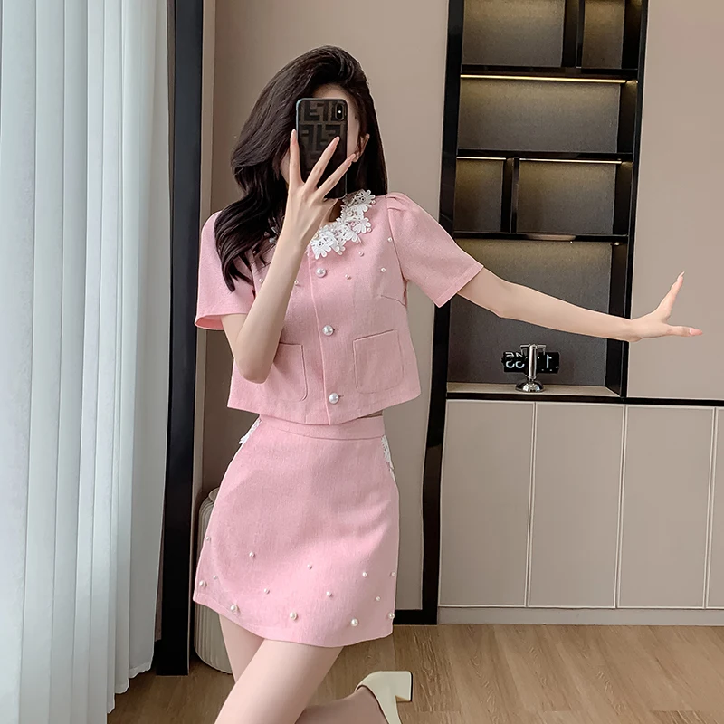 French Small Fragrance Korean Sweet Two Piece Set For Women Coat Tops + Skirt Suits Ladies Summer Elegant 2-piece Sets Outfits