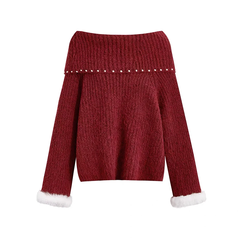 

YIBASHU Vintage Red Off Shoulder Sweater Women Christmas Sexy Beading Knitted Pullovers Korean Knitwears Winter Loose Jumpers