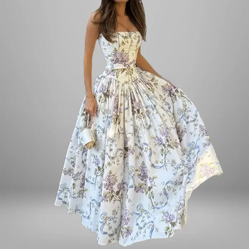 

New European and American women's dress, elegant and fashionable printed swing slip evening dress