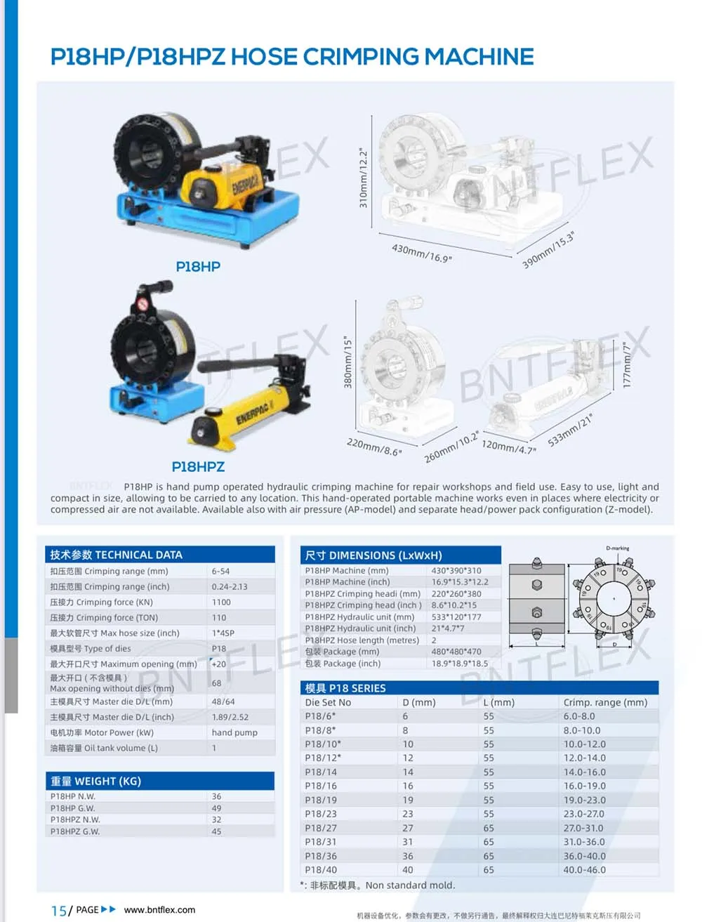 BNT-P18HPZ Top quality High Precision 1 inch 4SP manual hydraulic hose crimper with 12 sets of dies
