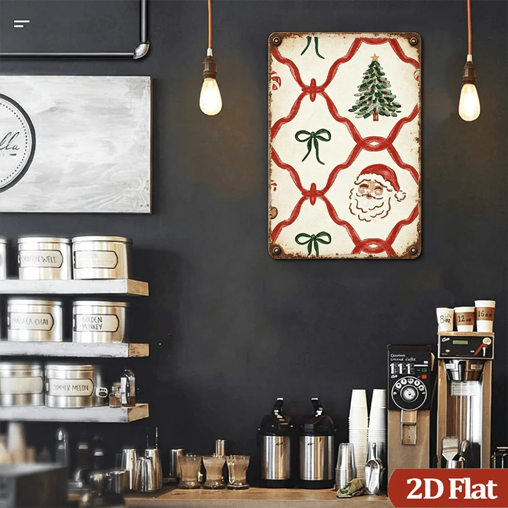 8X12 Inch Vintage Watercolor Christmas Pattern Metal Sign, Santa Face Christmas Tree Bow Check Plaid Rustic Wall Art, Retro Farm