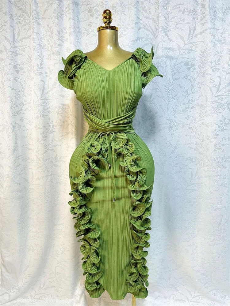 Wmstar vestido feminino festa noite luz luxo plissado tridimensional babados em camadas longo vestido elegante novo no verão 2025