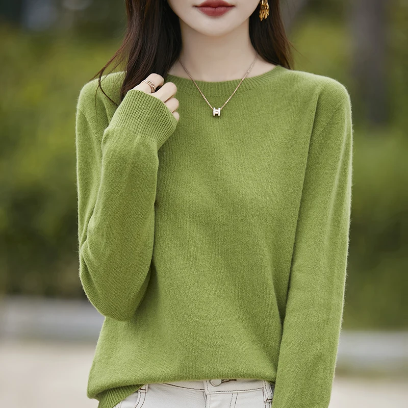 Fashion 100% Merino Wool Sweater Elegant Cashmere Pullover Women's WarmthO-Neck Long Sleeve Knitwear Basic Clothing  Jumper Tops