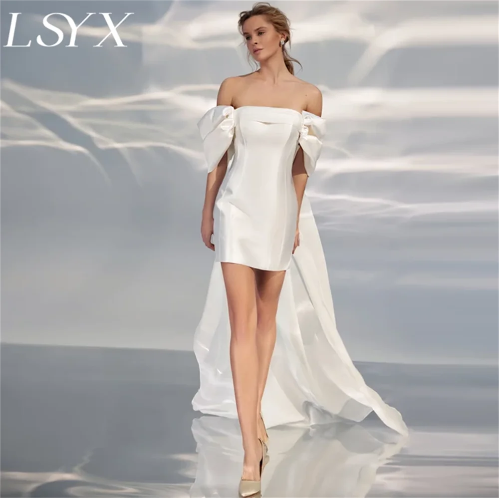 

LSYX Simple Detachable Off-Shoulder Mini Wedding Dress Sheath Zipper Back Sweep Train Above Knee Short Bridal Gown Custom Made