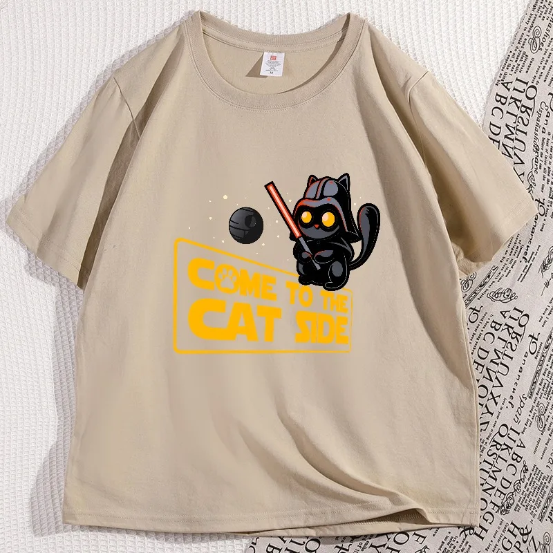Come To The Cat Side T Shirt Cotton Short Sleeve Retro Crewneck T-Shirt Funny Cute Cat Graphic Tee Streetwear Men's Clothing