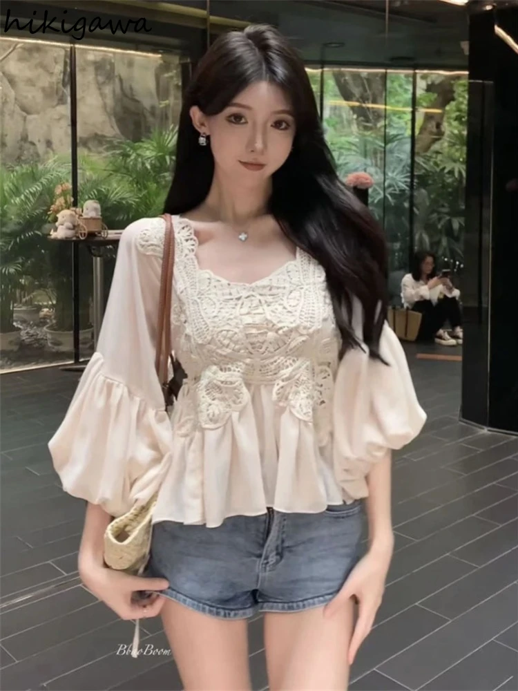 Korean Blouse Women Clothing V-neck Lantern Sleeve Patchwork Lace Shirts Vintage Summer Blouses Tops 2024 Blusas De Mujer 27v961