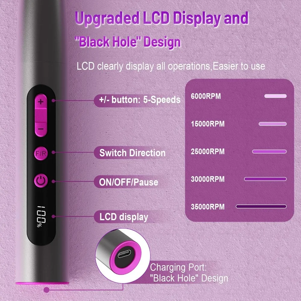 Cordless Electric Nail Drill Professional, Acrylic Nail Kit for Nail Polish Remover, Electric Nail File Buffer Grinder, Portable