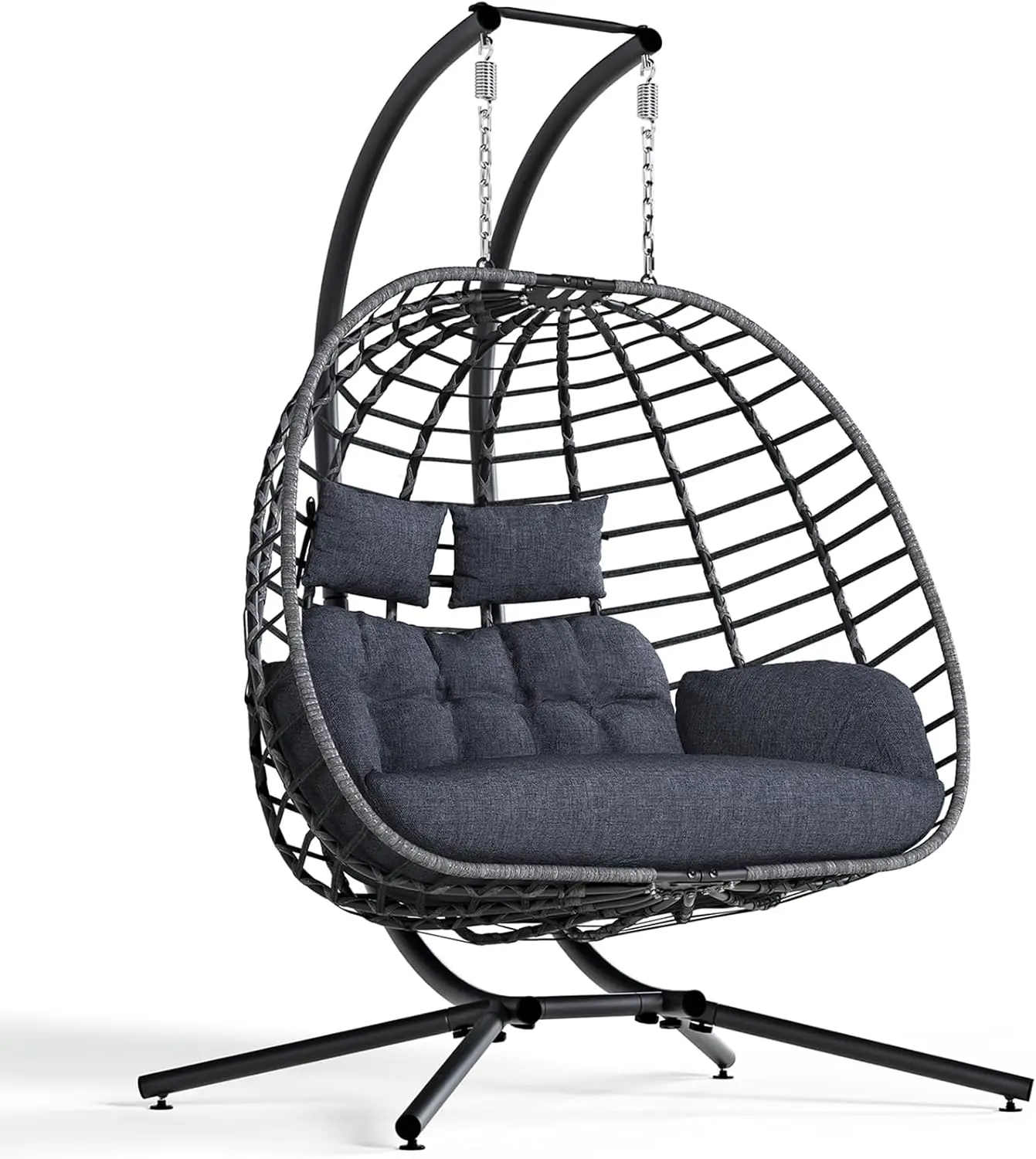 

Double Egg Swing Chair with Stand, Outdoor Patio 2 Person Hanging Wicker Hammock Chairs with Cushion for Indoor Bedroom