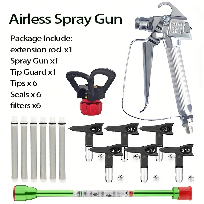 15pc Airless Spray Gun Kit - Includes Airless Spray Gun with Nozzle Seat, 6 Spray Tips, 1 Extension Rod ( 7.87