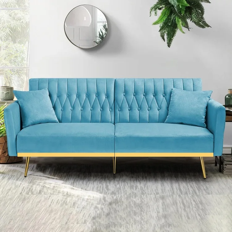 70” Velvet Futon Sofa Bed with 2 Pillows and Adjustable Armrests, Convertible Sleeper Bed, Modern Loveseat for Living Room